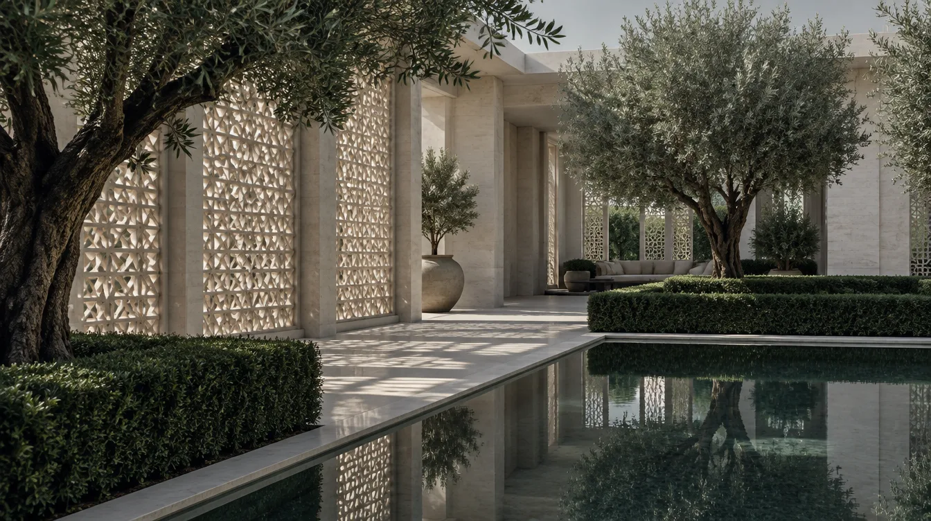 A garden court in Dubai with olive trees and a still pool of water